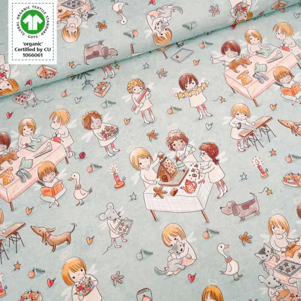 Hovedbilde Økologisk bomullsjersey, juleverksted grønn